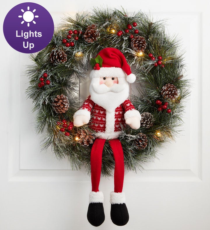Jolly Santa Wreath With LED Lights - 22"
